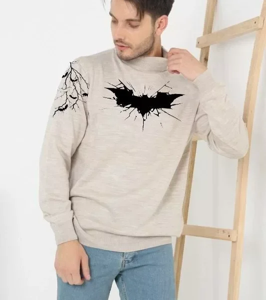 Unisex Yarım Boğazlı Baskılı Dokuma Triko -Bej
