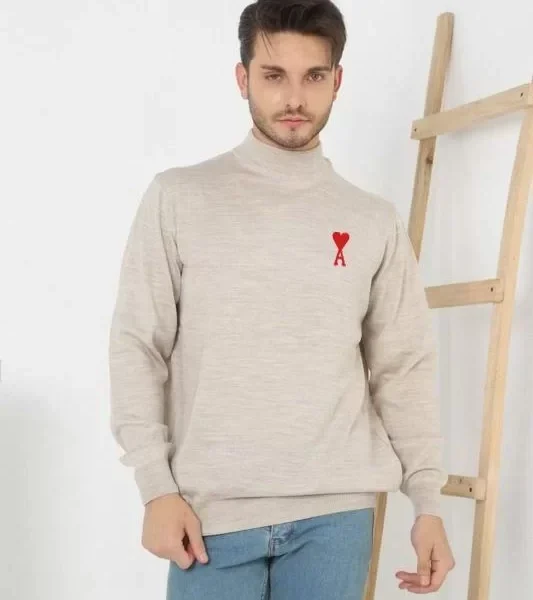 Unisex Yarım Boğazlı Baskılı Dokuma Triko - Bej