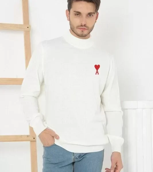 Unisex Yarım Boğazlı Baskılı Dokuma Triko - Beyaz