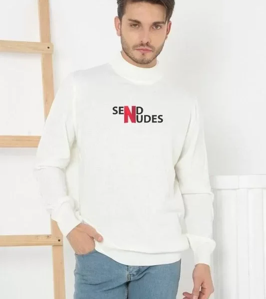 Unisex Yarım Boğazlı Baskılı Dokuma Triko - Beyaz