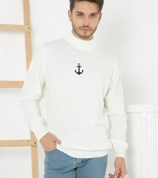 Unisex Yarım Boğazlı Baskılı Dokuma Triko - Beyaz