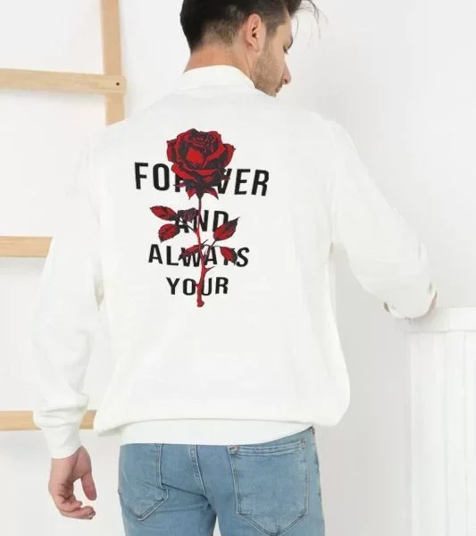 Unisex Yarım Boğazlı Baskılı Dokuma Triko - Beyaz