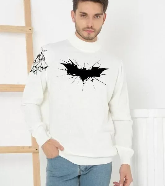 Unisex Yarım Boğazlı Baskılı Dokuma Triko - Beyaz