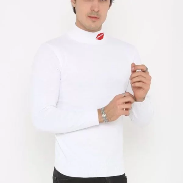 Unisex Yarım Boğazlı Baskılı Dokuma Triko - Beyaz