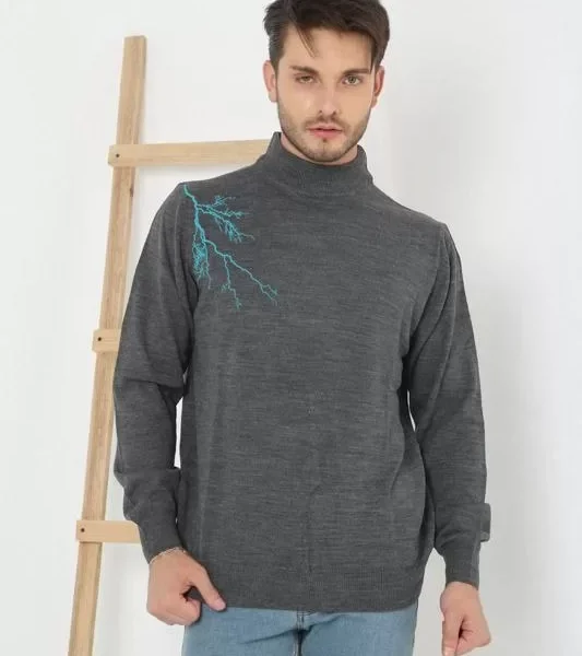 Unisex Yarım Boğazlı Baskılı Dokuma Triko - Füme
