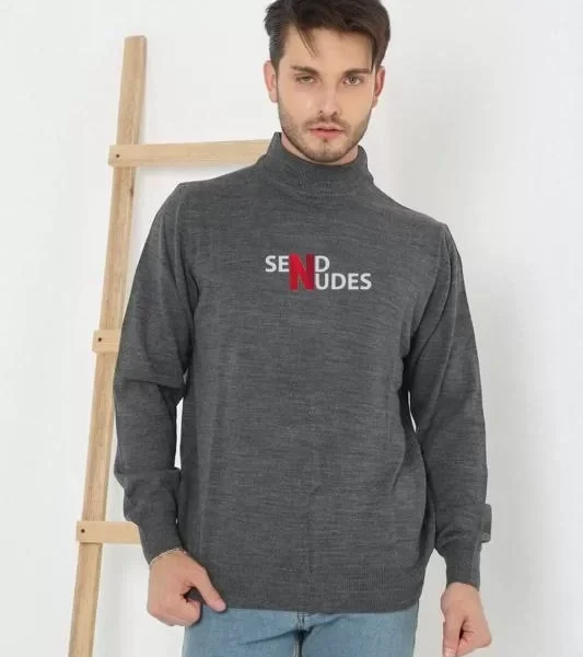Unisex Yarım Boğazlı Baskılı Dokuma Triko - Füme