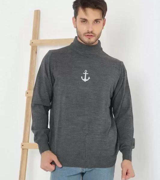 Unisex Yarım Boğazlı Baskılı Dokuma Triko - Füme