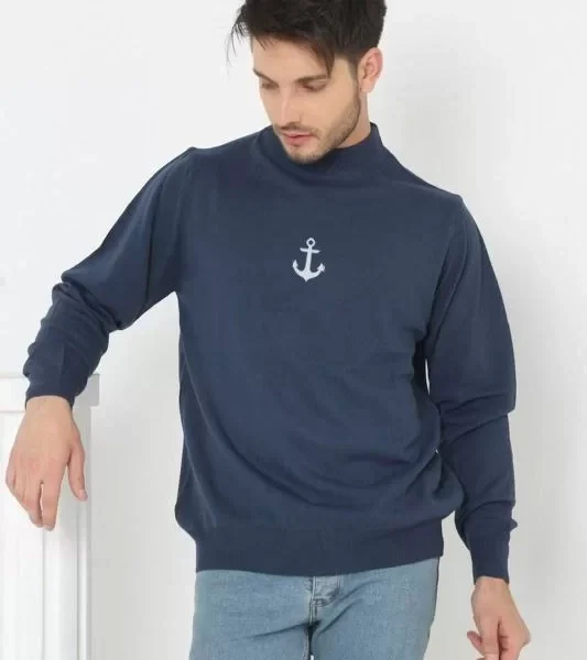 Unisex Yarım Boğazlı Baskılı Dokuma Triko - Indigo