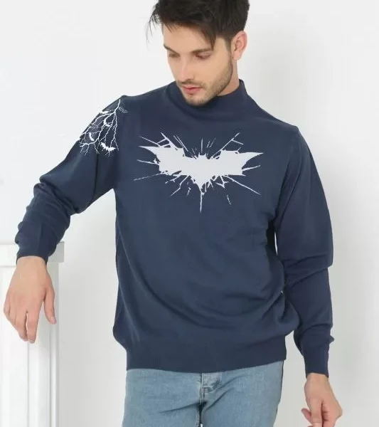 Unisex Yarım Boğazlı Baskılı Dokuma Triko -Indigo