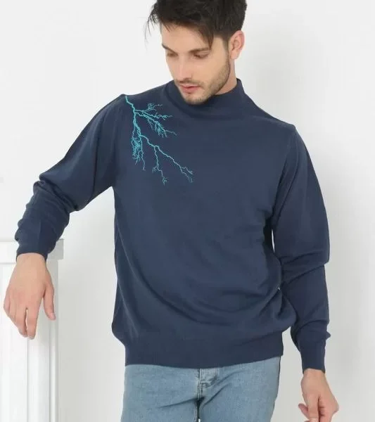 Unisex Yarım Boğazlı Baskılı Dokuma Triko - Indigo
