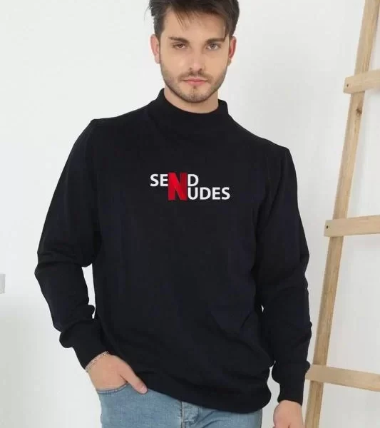 Unisex Yarım Boğazlı Baskılı Dokuma Triko - Siyah