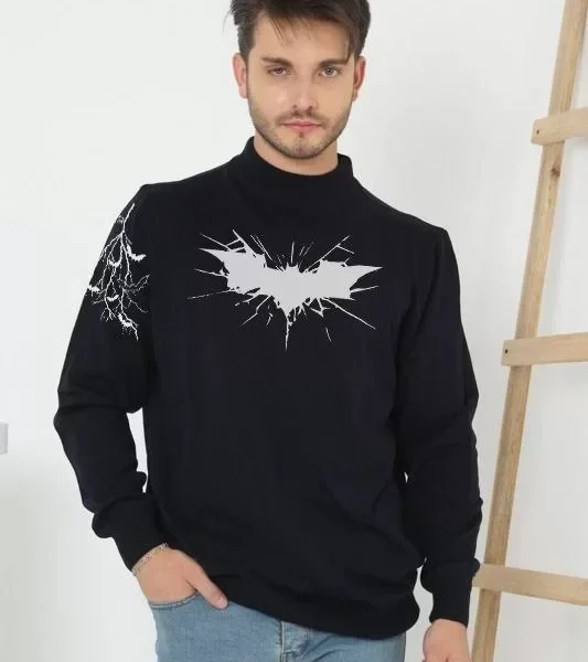 Unisex Yarım Boğazlı Baskılı Dokuma Triko - Siyah