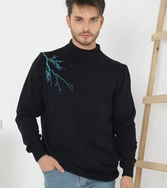 Unisex Yarım Boğazlı Baskılı Dokuma Triko - Siyah