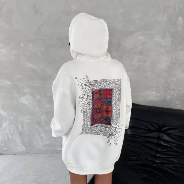 Uzun Kol Kapüşonlu Ön Ve Arka Baskılı SweatShirt - Beyaz