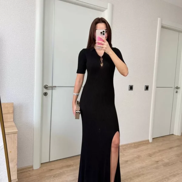 Yakalı Fitilli Kısa kollu  Uzun Triko Elbise - Siyah