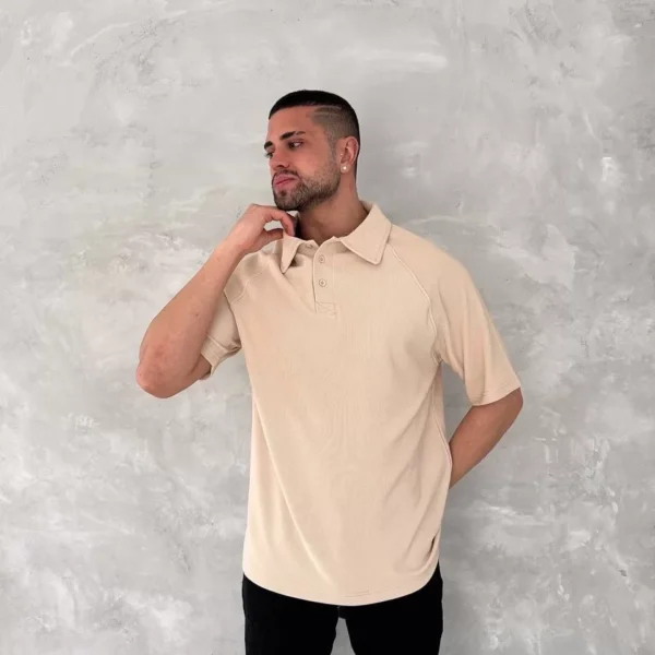 Yakalı Patlı Kısa Kol T-shirt - Bej