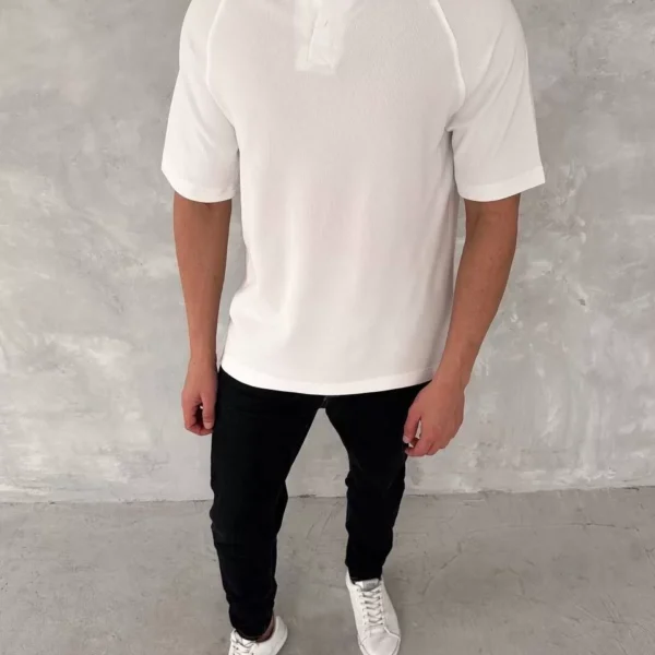 Yakalı Patlı Kısa Kol T-shirt - Beyaz