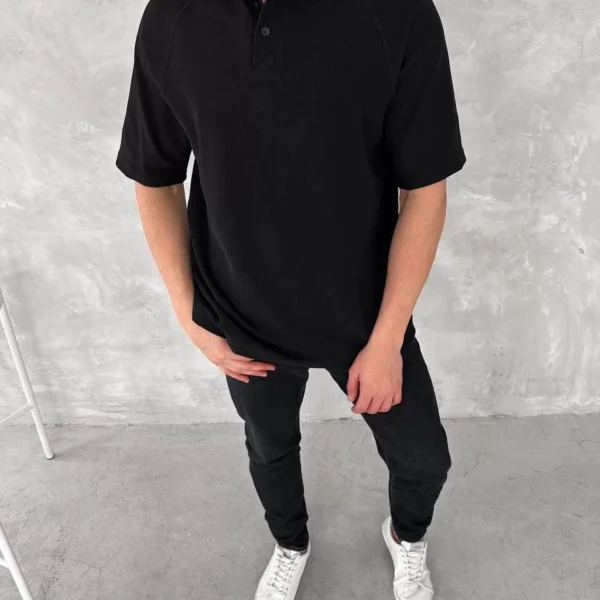 Yakalı Patlı Kısa Kol T-shirt - Siyah