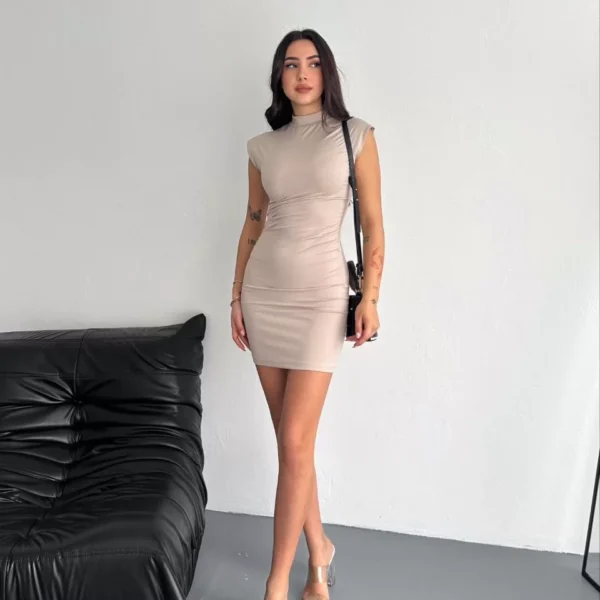 Yarım Bogazlı Kolsuz Mini Boy Elbise - Bej
