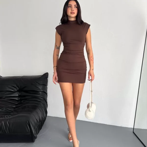Yarım Bogazlı Kolsuz Mini Boy Elbise - Kahve